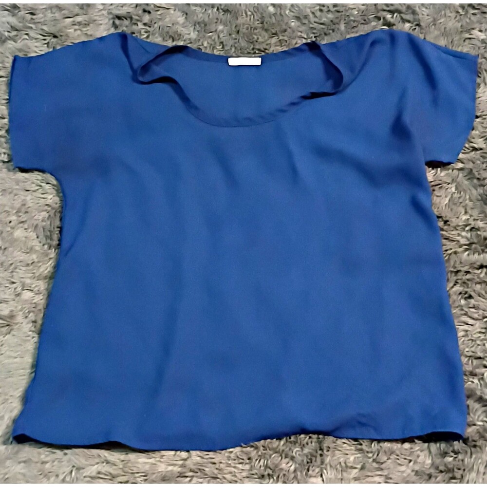 Soprano Blue Solid Chiffon Polyester Short Sleeve Round Neck Pullover Blouse M
